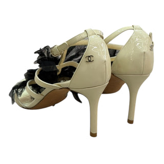 Chanel Beige Patent Leather Sandals with Black Tulle Camellia