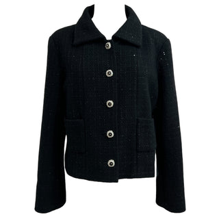 Chanel Black Glittered Wool Tweed Jacket FW25 With Crystal Silver Button Detailing