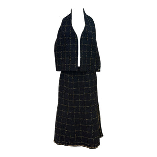 Chanel Black Tweed Scarf and Skirt Set with Gold Thread Detailing