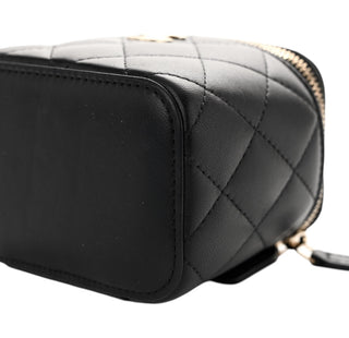 Chanel Black Lambskin Quilted Mini Vanity Case With Pearl Chain