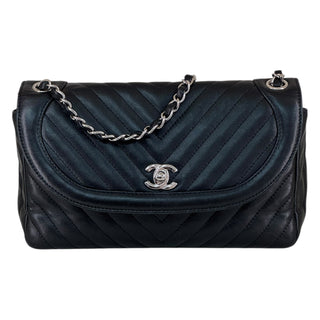 Chanel Black Chevron Quilted Lambskin Round Flap Bag With Silver-Tone Hardware