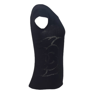 Chanel Black Cap-Sleeve Top with Perforated Camellia Detail