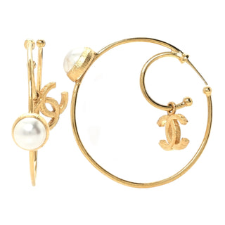 Chanel Gold Pearl CC Tags Hoop Earrings