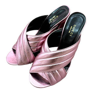 Gucci Metallic Pink Leather Crisscross Slide Heels