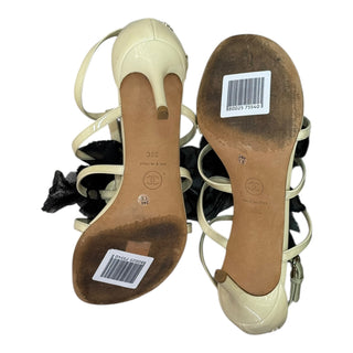 Chanel Beige Patent Leather Sandals with Black Tulle Camellia