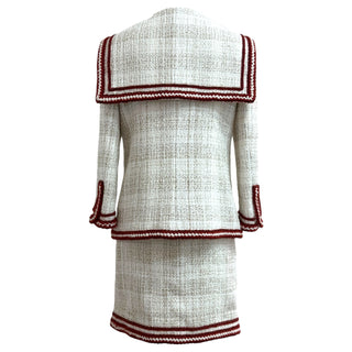 Chanel White Tweed Sailor Collar Burgundy Trim Jacket And Skirt Set