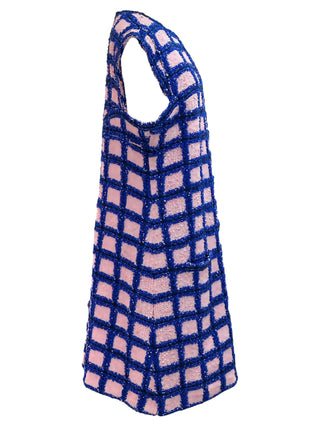 Chanel Textured Grid Shift Dress In Pink And Blue With Keyhole Neckline