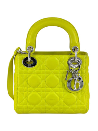 Christian Dior Neon Yellow Lambskin Cannage Mini Lady Dior Bag