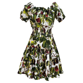 Dolce & Gabbana Green Fig Print Poplin Shirring Detail Mini Dress
