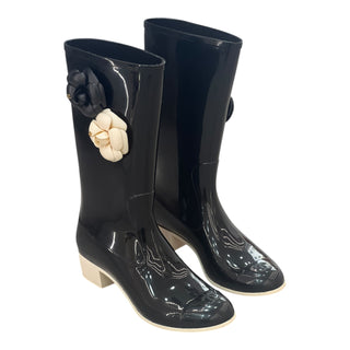 Chanel Black Camellia Embellished Patent Rubber Rain Boots