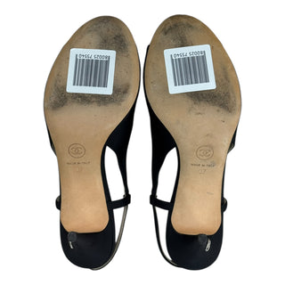 Chanel Black Satin Crystal Bow Slingback Heels