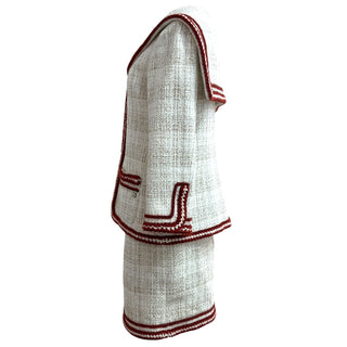Chanel White Tweed Sailor Collar Burgundy Trim Jacket And Skirt Set