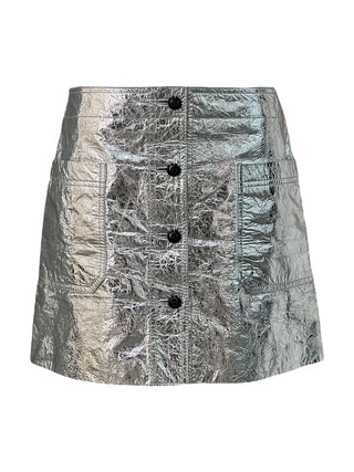 Christian Dior Silver Crinkled Leather Button-Front Skirt