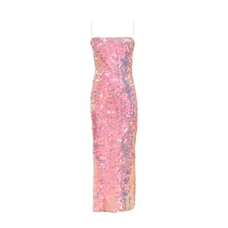 The New Arrivals Ilkyaz Ozel Iridescent Pink Sequin  Strap Midi Dress