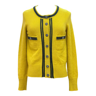 Chanel Yellow Cashmere Contrast Trim Crystal Button Cardigan