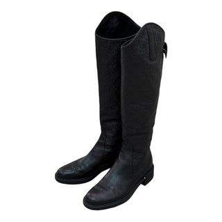 Gucci Black Leather GG Embossed Knee-High Boots
