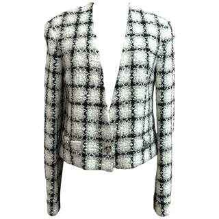Chanel Black & White Checked Deep V-Neck Tweed Jacket