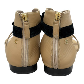 Chanel Beige Leather Thong Sandals with Black Velvet Bow Ankle Strap