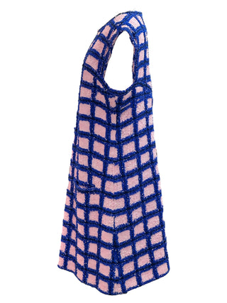 Chanel Textured Grid Shift Dress In Pink And Blue With Keyhole Neckline