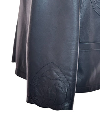 Chanel Black Lambskin Leather Jacket With Tonal Heart Logo Embroidery And Patch Pockets