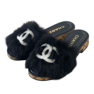 Chanel Black Fur CC Mules with Woven Platform Sole