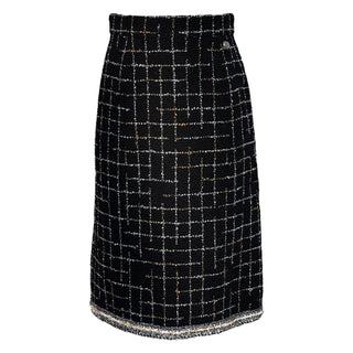 Chanel Black & Gold Grid Tweed Midi Skirt