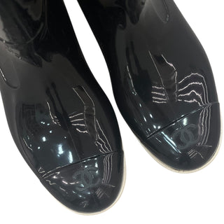 Chanel Black Camellia Embellished Patent Rubber Rain Boots