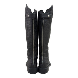 Gucci Black Leather GG Embossed Knee-High Boots