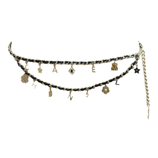 Chanel Black Leather-Interwoven Gold-Tone Chain Letter Charm Belt
