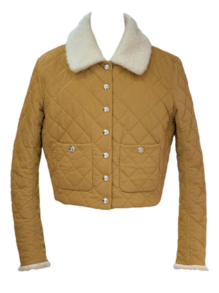 Chanel Camel Quilted Padded Jacket With Shearling Collar & Silver CC Buttons