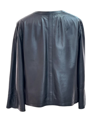 Chanel Black Lambskin Leather Jacket With Tonal Heart Logo Embroidery And Patch Pockets