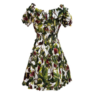 Dolce & Gabbana Green Fig Print Poplin Shirring Detail Mini Dress