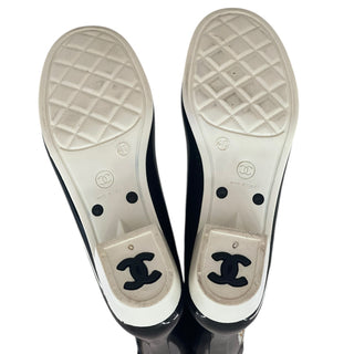 Chanel Black Camellia Embellished Patent Rubber Rain Boots