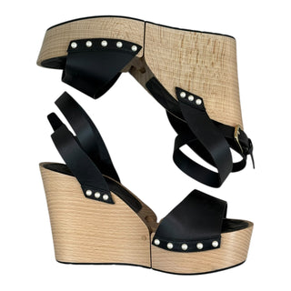 Chanel Black Leather & Wood Pearl-Studded Platform Wedge Sandals