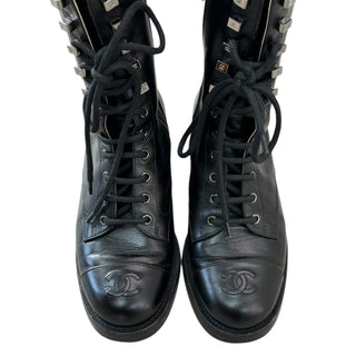 Chanel Black Leather CC Cap-Toe Combat Boots