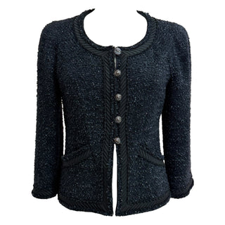 Chanel Navy Tweed Knit Jacket With Black Braided Trim And Button Front