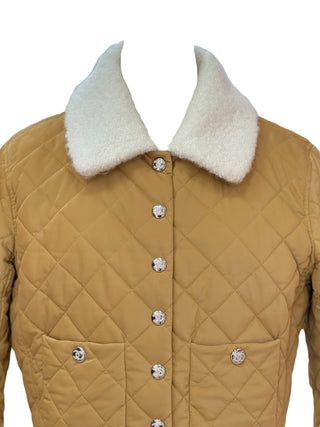 Chanel Camel Quilted Padded Jacket With Shearling Collar & Silver CC Buttons