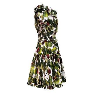 Dolce & Gabbana Green Fig Print Poplin Shirring Detail Mini Dress