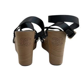 Chanel Black Leather & Wood Pearl-Studded Platform Wedge Sandals