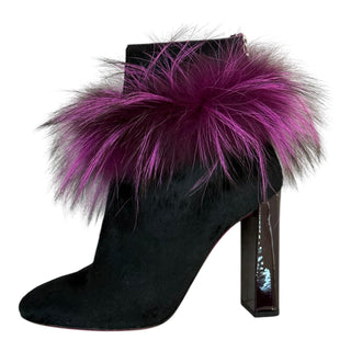 Fendi Black Suede Ankle Boots with Magenta & Purple Fur Trim