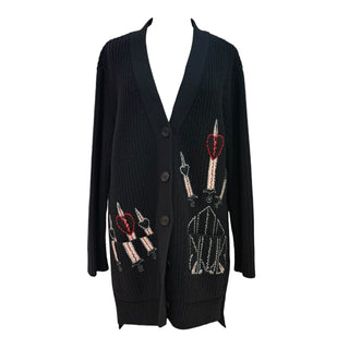 Valentino Black Wool Blend Cardigan with Candle & Heart Embroidery