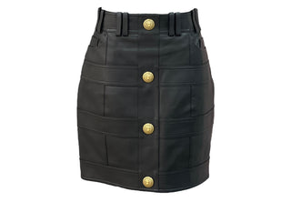 Balmain Black Leather Vest & Skirt Set with Gold Lion Buttons