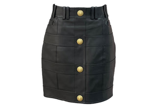 Balmain Black Leather Vest & Skirt Set with Gold Lion Buttons