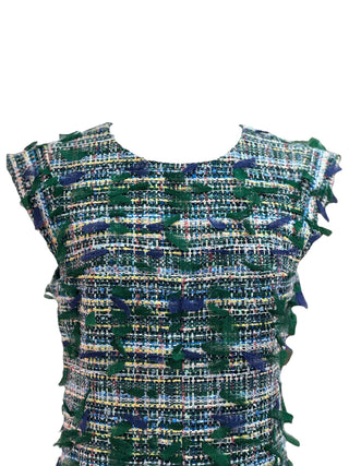 Chanel Green and Navy Textured Tweed Shift Dress With Frayed Trim