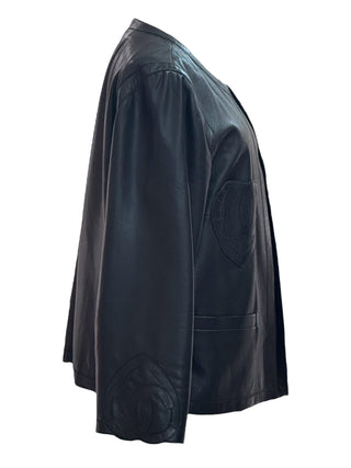 Chanel Black Lambskin Leather Jacket With Tonal Heart Logo Embroidery And Patch Pockets