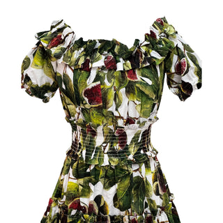 Dolce & Gabbana Green Fig Print Poplin Shirring Detail Mini Dress