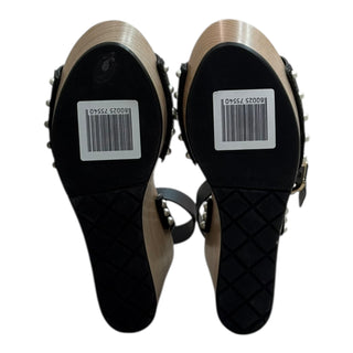 Chanel Black Leather & Wood Pearl-Studded Platform Wedge Sandals