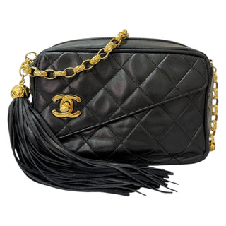 Chanel Vintage Black Quilted Lambskin Camera Bag With Tassel & Gold CC Charm