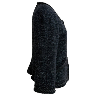 Chanel Navy Tweed Knit Jacket With Black Braided Trim And Button Front