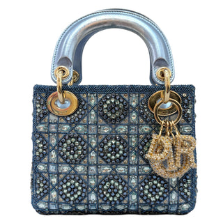 Christian Dior Metallic Blue Leather & Satin Embellished Mini Lady Dior Bag
